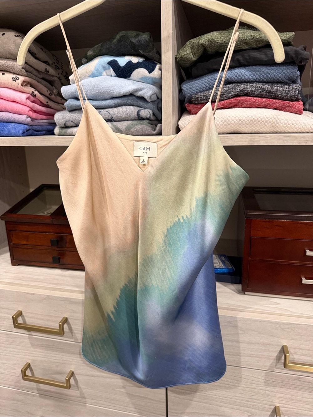 Cami NYC V-Neck Tie-Dye Satin Cami Tank in Pastel Blue & Peach